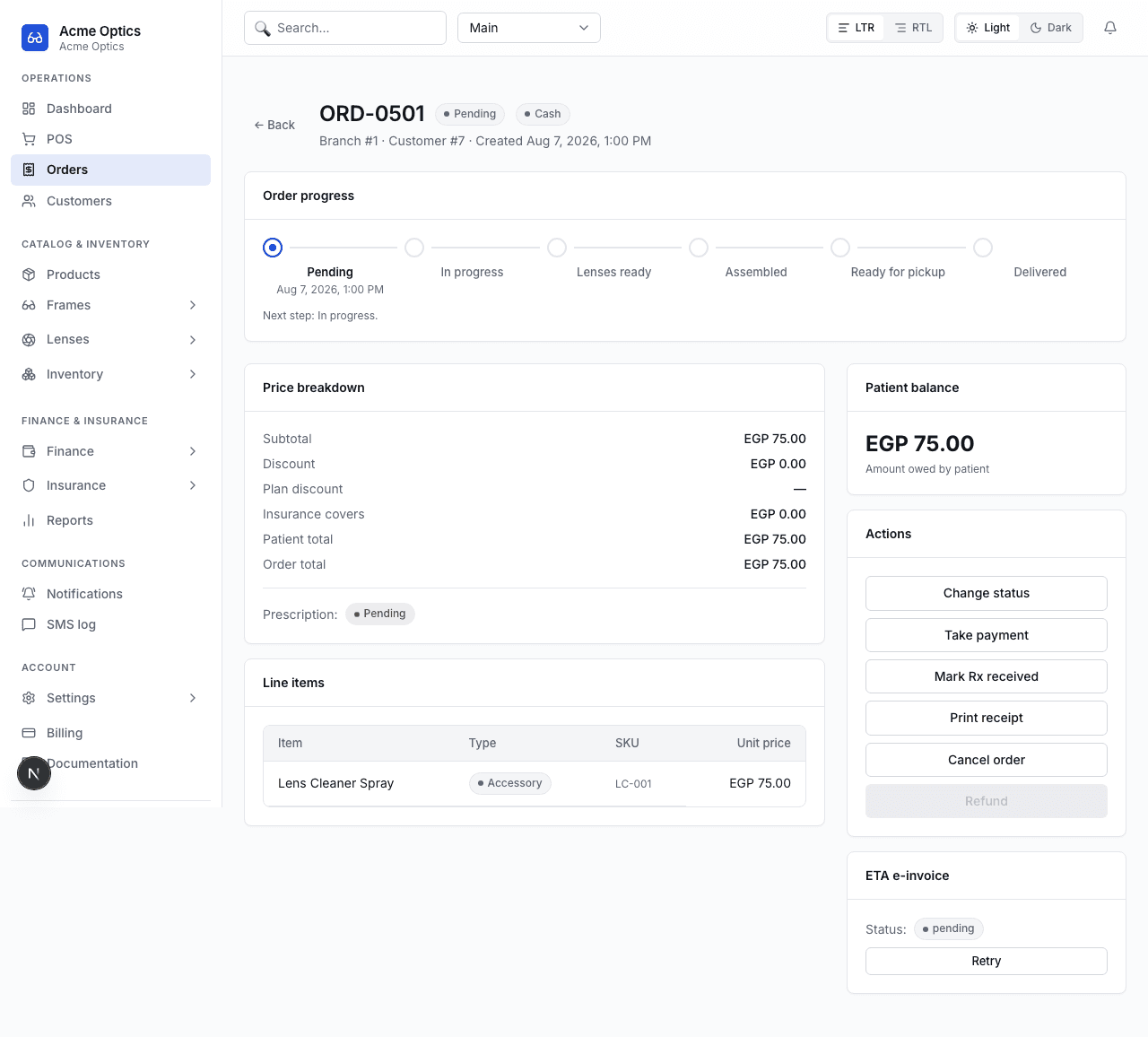 An order detail page showing the lifecycle stepper and price breakdown
